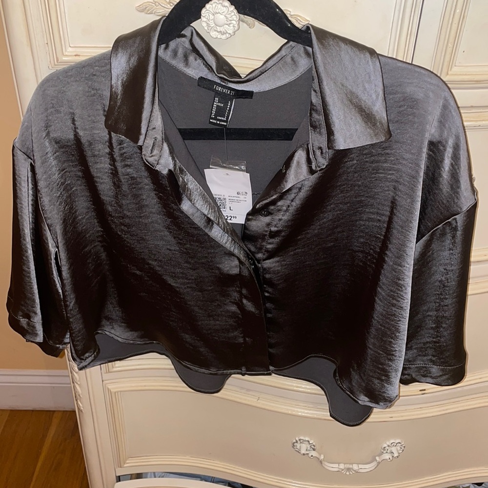 COPY - Forever 21 gray charcoal silk boxy button down top! NWT !